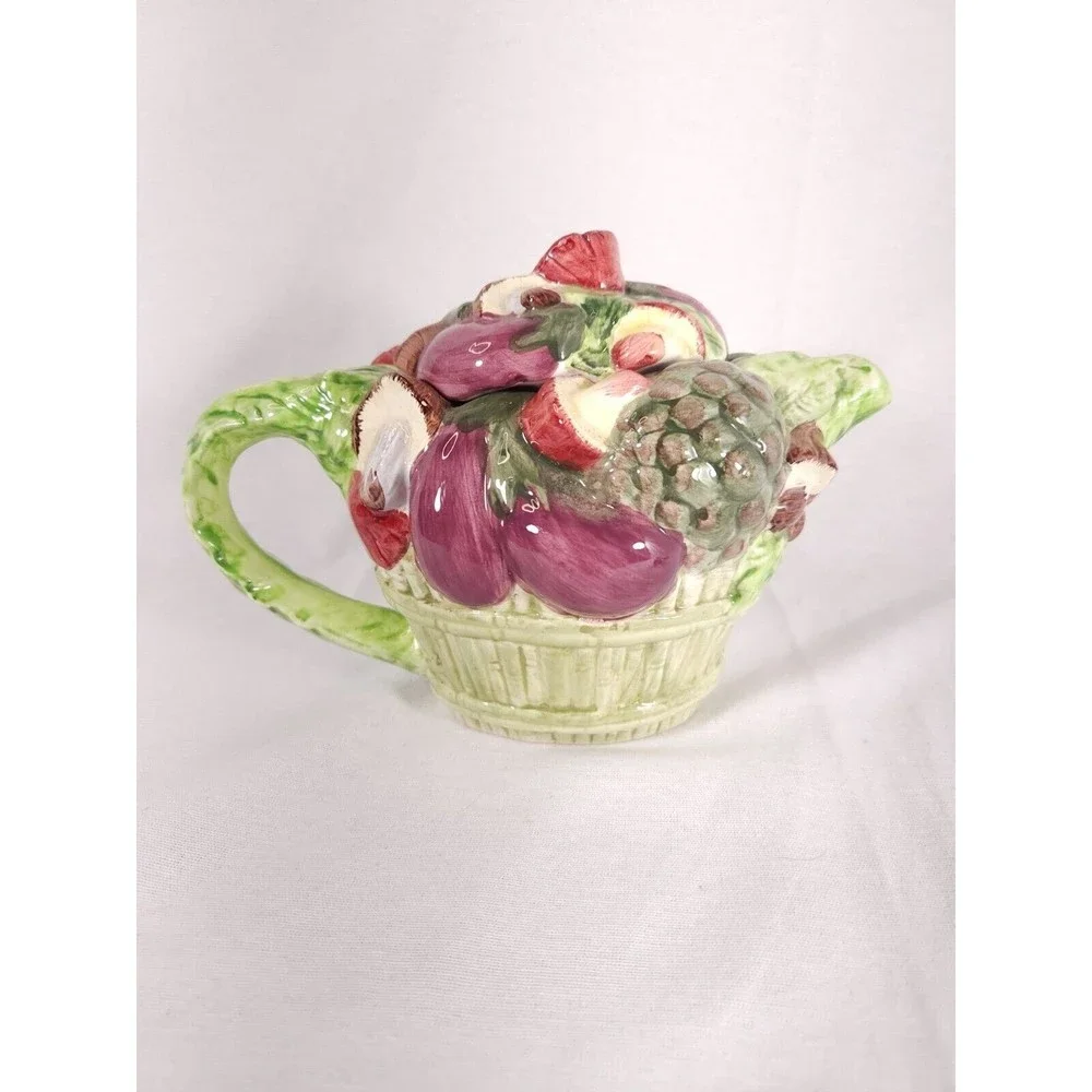 Ceramic‎ Vegetable Basket tea pot Mushrooms eggplant decor green w lid